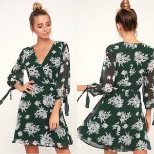 Lulus Green Floral Print Wrap Dress Tie Sleeve V Neck Sheer Long Sleeve XL‎